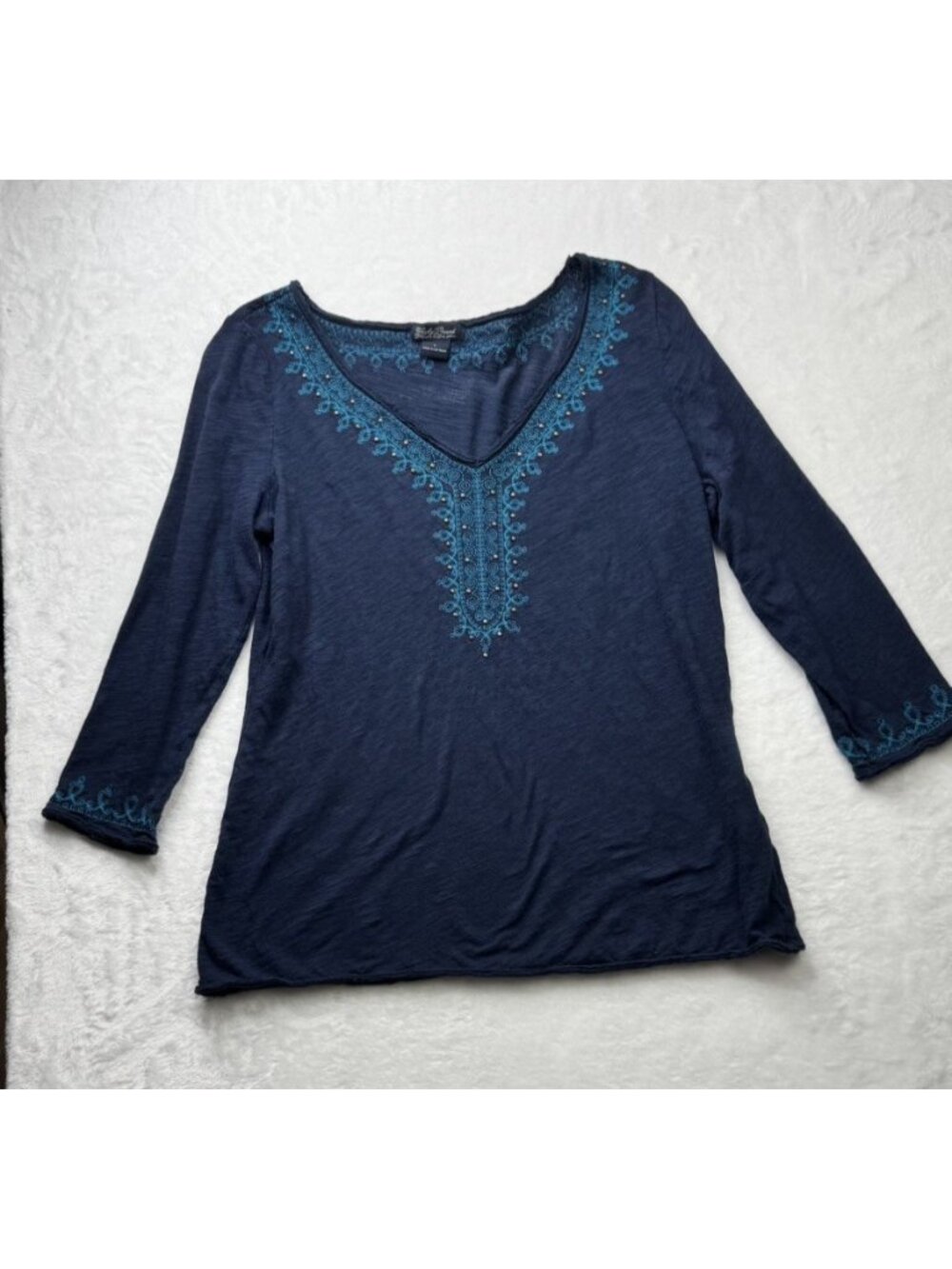Lucky Brand Size L Womens Top Blue Embellished V Neck Long Sleeve